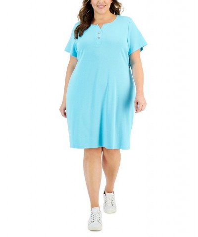 Plus Size Toggle-Neck Short-Sleeve Henley Dress Aqua Oasis $24.40 Dresses