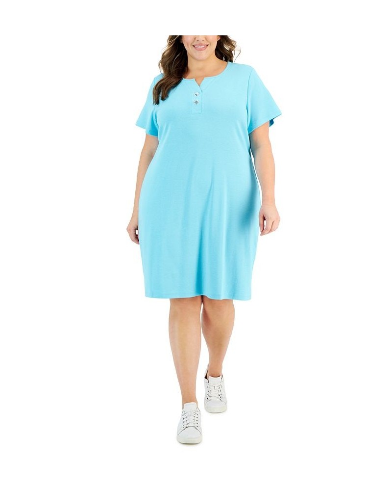 Plus Size Toggle-Neck Short-Sleeve Henley Dress Aqua Oasis $24.40 Dresses