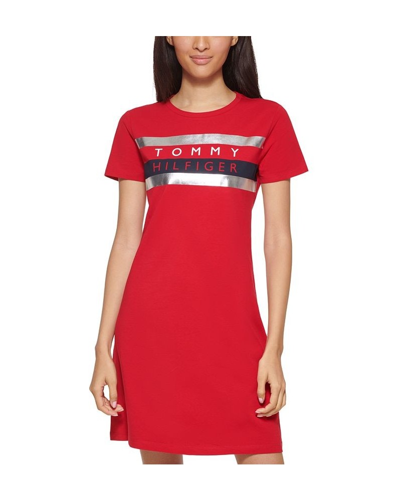 Women's Short-Sleeve Foil Logo Dress Red $20.85 Dresses