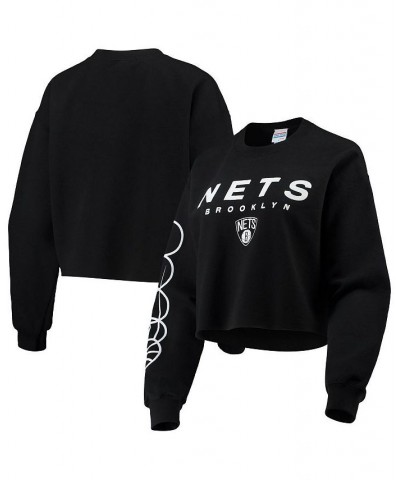 Women's Black Brooklyn Nets Cut Off Moderate Crop Fleece Crew Sweatshirt Black $34.30 Sweatshirts