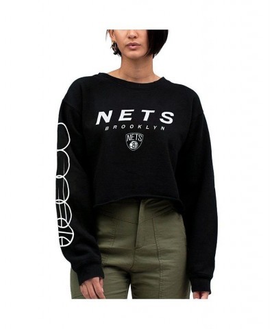 Women's Black Brooklyn Nets Cut Off Moderate Crop Fleece Crew Sweatshirt Black $34.30 Sweatshirts