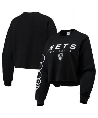 Women's Black Brooklyn Nets Cut Off Moderate Crop Fleece Crew Sweatshirt Black $34.30 Sweatshirts