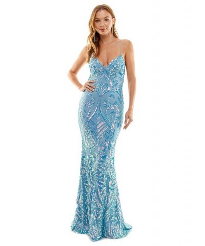 Juniors' Bungee-Strap Sequinned Gown Periwinkle/Pink/Iridescent $43.61 Dresses