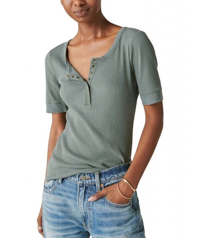 Women's Short Sleeve Henley Top Green $35.11 Tops