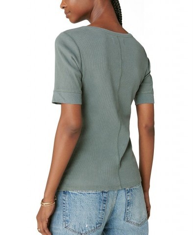 Women's Short Sleeve Henley Top Green $35.11 Tops