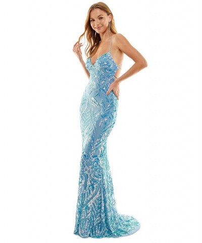 Juniors' Bungee-Strap Sequinned Gown Periwinkle/Pink/Iridescent $43.61 Dresses