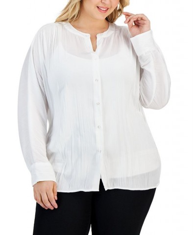 Plus Size Shirred Round-Neck Button-Front Top White $40.52 Tops