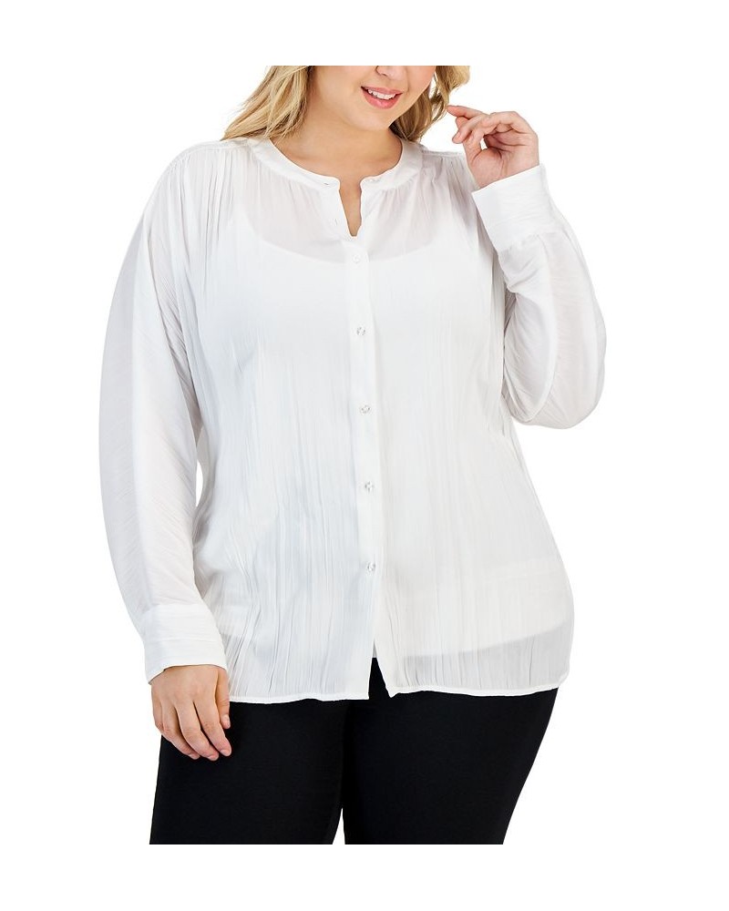 Plus Size Shirred Round-Neck Button-Front Top White $40.52 Tops