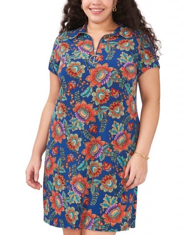 Plus Size Printed Quarter-Zip Short-Sleeve Shift Dress Teal/Red Multi $45.39 Dresses