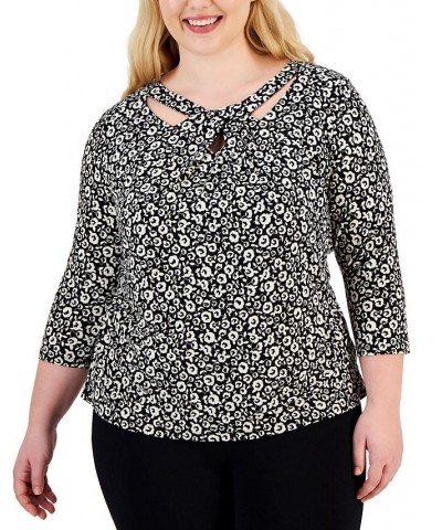 Plus Size Cut-Out Floral-Print 3/4-Sleeve Top Black $41.83 Tops