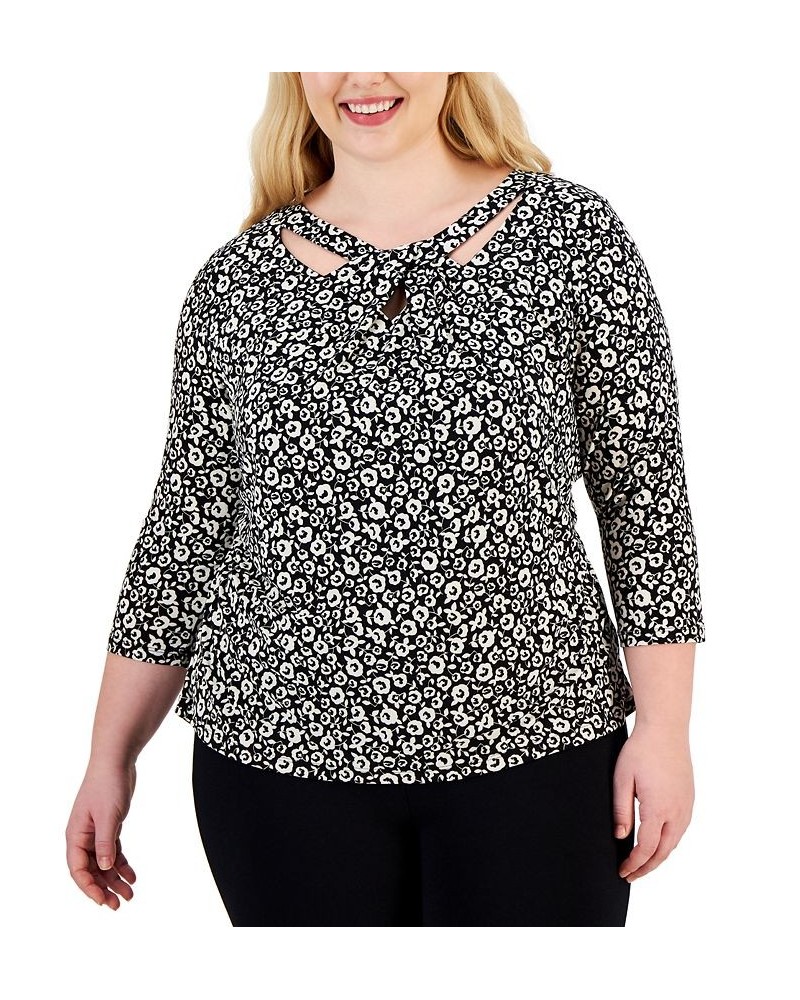 Plus Size Cut-Out Floral-Print 3/4-Sleeve Top Black $41.83 Tops