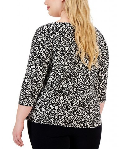 Plus Size Cut-Out Floral-Print 3/4-Sleeve Top Black $41.83 Tops