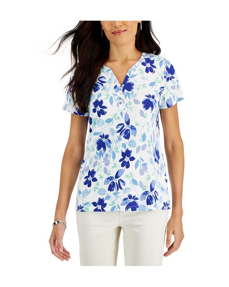 Women's Short-Sleeve Floral-Print Henley Top Purple $10.79 Tops