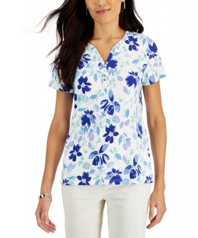 Women's Short-Sleeve Floral-Print Henley Top Purple $10.79 Tops