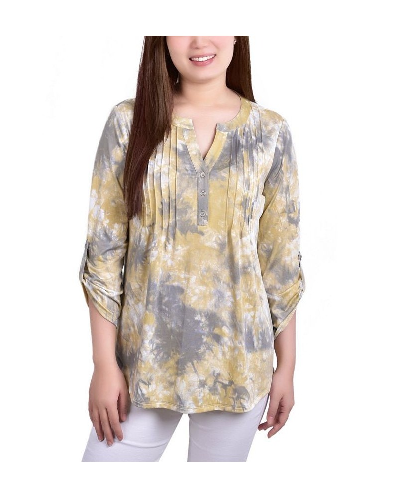 Women's Knit Jacquard 3/4 Sleeve Roll Tab Top Peacock Blue Tie Dye $16.64 Tops