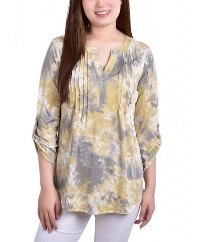 Women's Knit Jacquard 3/4 Sleeve Roll Tab Top Peacock Blue Tie Dye $16.64 Tops