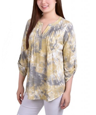 Women's Knit Jacquard 3/4 Sleeve Roll Tab Top Peacock Blue Tie Dye $16.64 Tops