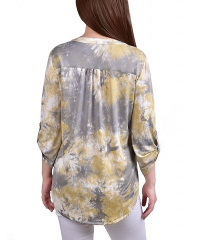 Women's Knit Jacquard 3/4 Sleeve Roll Tab Top Peacock Blue Tie Dye $16.64 Tops