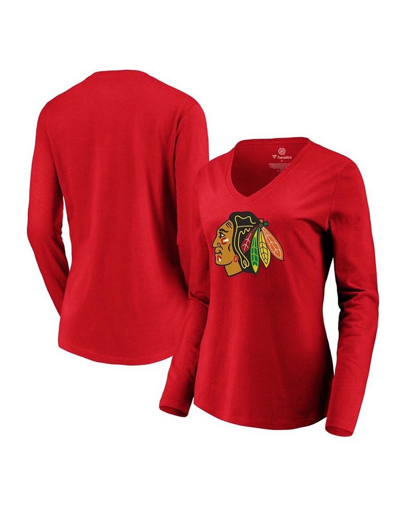 Women's Red Chicago Blackhawks Primary Logo Long Sleeve V-Neck T-shirt Red $24.35 Tops