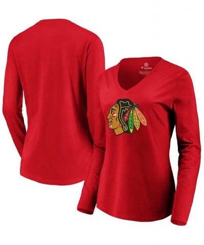 Women's Red Chicago Blackhawks Primary Logo Long Sleeve V-Neck T-shirt Red $24.35 Tops