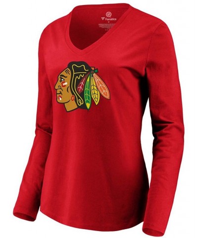 Women's Red Chicago Blackhawks Primary Logo Long Sleeve V-Neck T-shirt Red $24.35 Tops