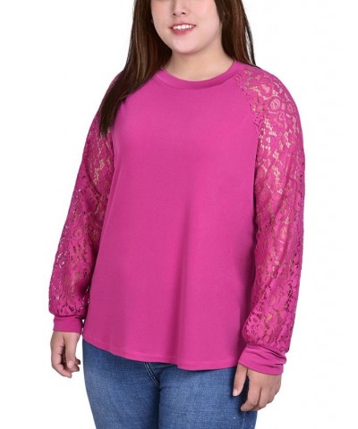 Plus Size Knit Crepe Top with Long Lace Balloon Sleeves Pink $13.35 Tops