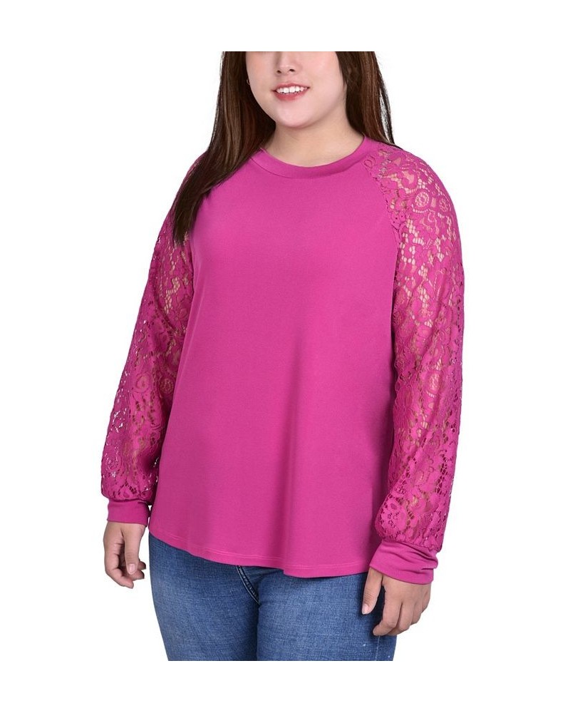 Plus Size Knit Crepe Top with Long Lace Balloon Sleeves Pink $13.35 Tops