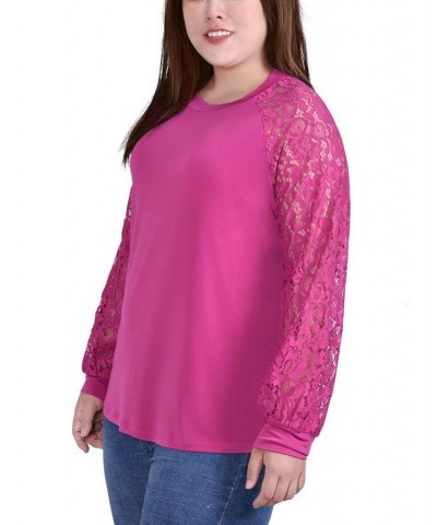 Plus Size Knit Crepe Top with Long Lace Balloon Sleeves Pink $13.35 Tops