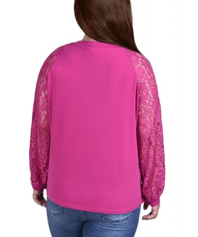 Plus Size Knit Crepe Top with Long Lace Balloon Sleeves Pink $13.35 Tops