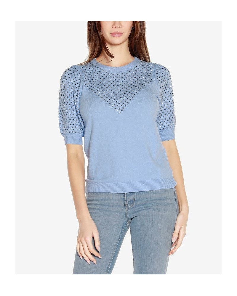 Women's Black Label Embellished Puff-Sleeve Sweater Blue $24.50 Sweaters