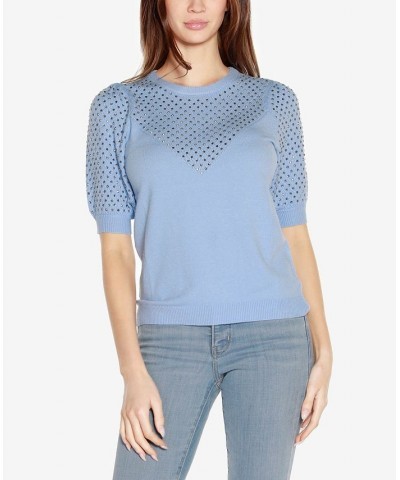 Women's Black Label Embellished Puff-Sleeve Sweater Blue $24.50 Sweaters