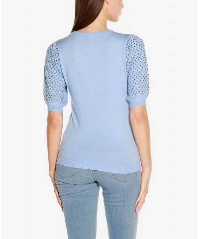 Women's Black Label Embellished Puff-Sleeve Sweater Blue $24.50 Sweaters