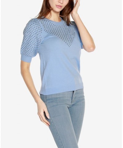 Women's Black Label Embellished Puff-Sleeve Sweater Blue $24.50 Sweaters