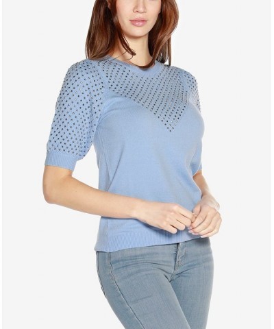 Women's Black Label Embellished Puff-Sleeve Sweater Blue $24.50 Sweaters