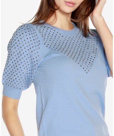 Women's Black Label Embellished Puff-Sleeve Sweater Blue $24.50 Sweaters