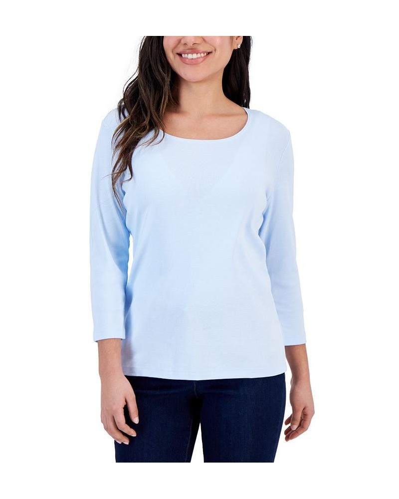 Petite 3/4 Sleeve Cotton Scoop-Neck Top Steel Rose $9.68 Tops