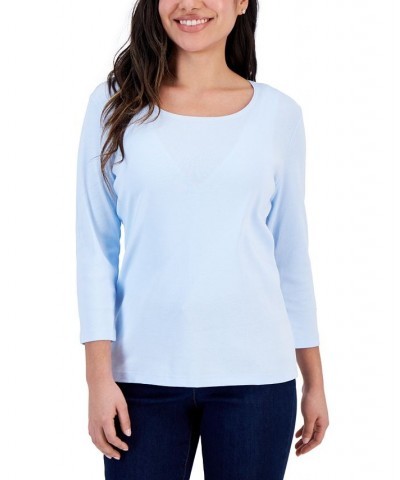 Petite 3/4 Sleeve Cotton Scoop-Neck Top Steel Rose $9.68 Tops