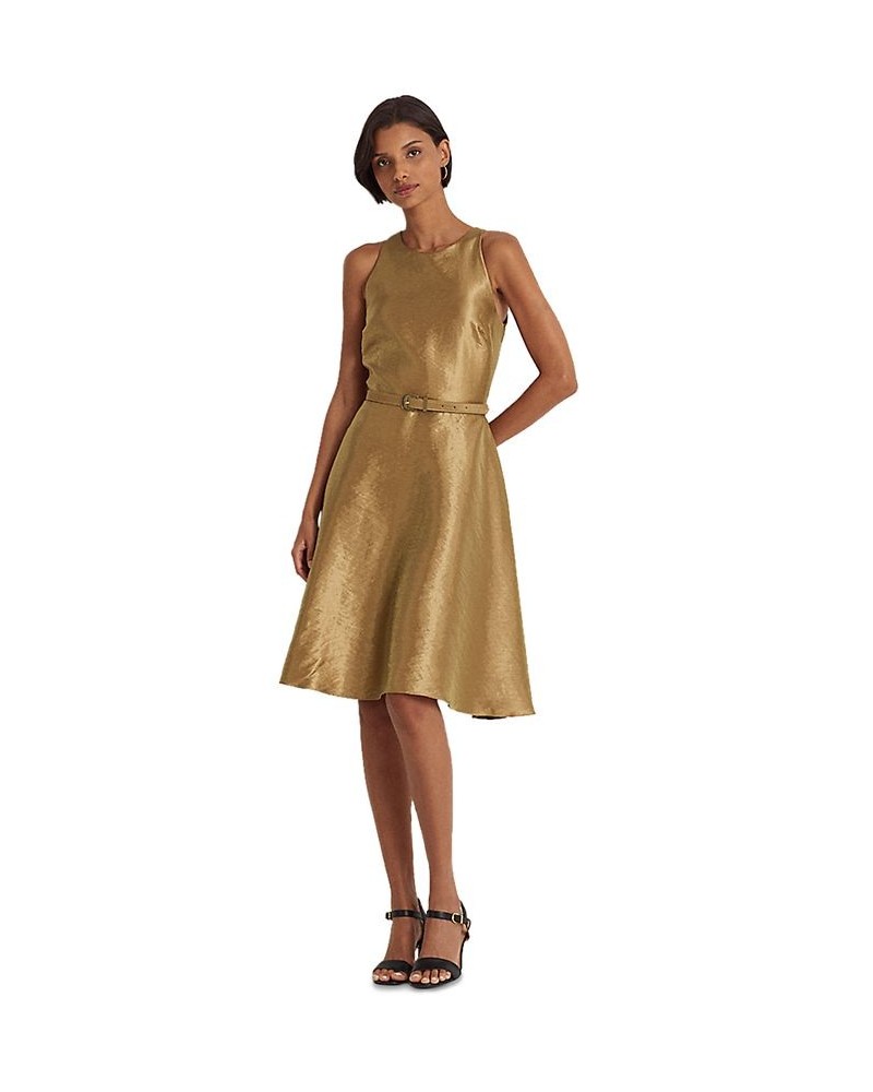 Women's Metallic Twill Belted Cocktail Dress Bronze $59.28 Dresses