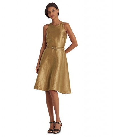 Women's Metallic Twill Belted Cocktail Dress Bronze $59.28 Dresses