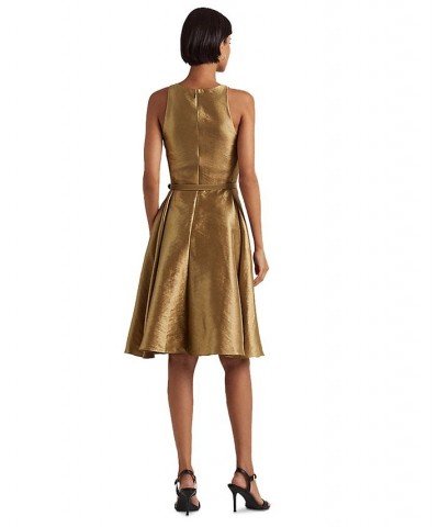 Women's Metallic Twill Belted Cocktail Dress Bronze $59.28 Dresses