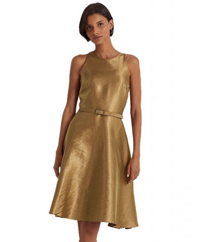 Women's Metallic Twill Belted Cocktail Dress Bronze $59.28 Dresses