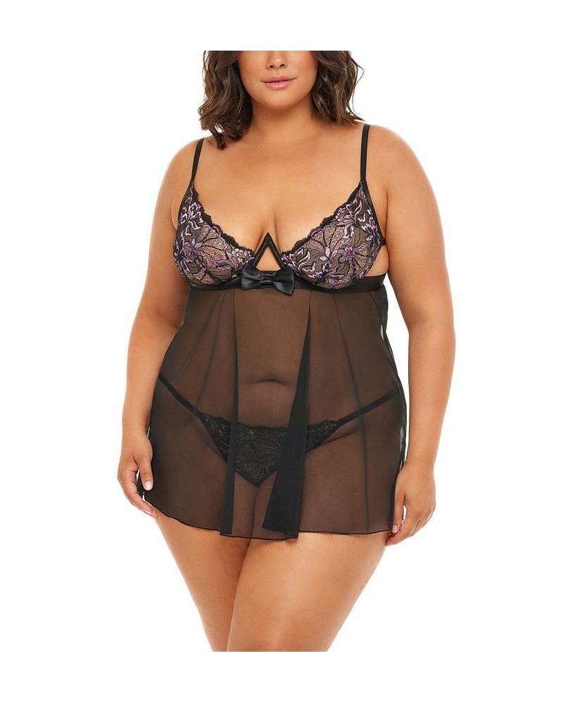 Plus Size Riley Empire Waist Babydoll with Bow and G-string Set Black, Pink Tulle $24.71 Lingerie