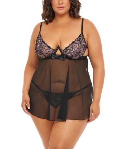 Plus Size Riley Empire Waist Babydoll with Bow and G-string Set Black, Pink Tulle $24.71 Lingerie