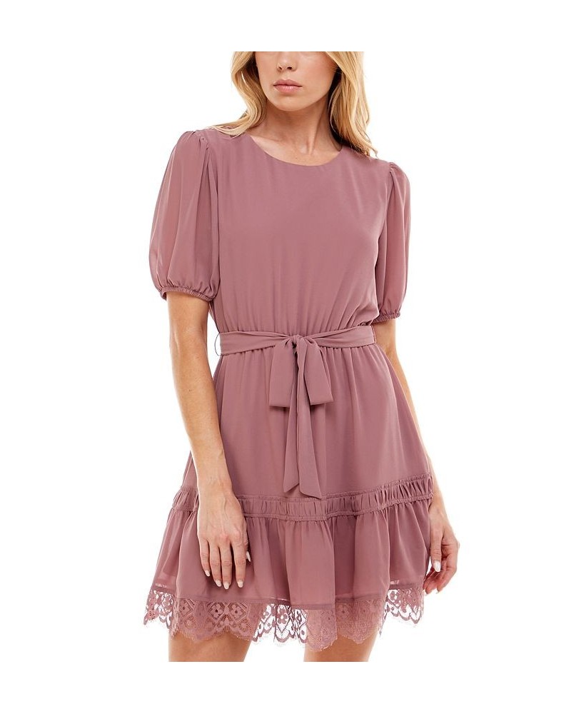 Juniors' Belted Lace-Trim Dress Med Purple $16.45 Dresses