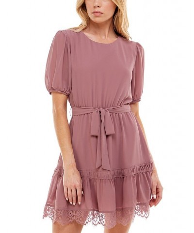 Juniors' Belted Lace-Trim Dress Med Purple $16.45 Dresses