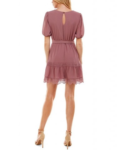 Juniors' Belted Lace-Trim Dress Med Purple $16.45 Dresses