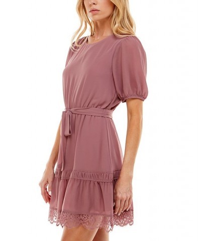 Juniors' Belted Lace-Trim Dress Med Purple $16.45 Dresses