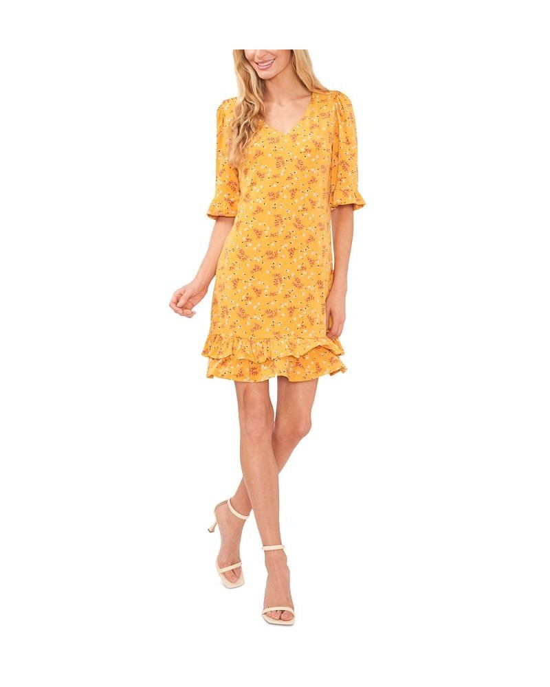 Women's Printed V-Neck Ruffle-Hem Knit Dress Yellow $33.60 Dresses