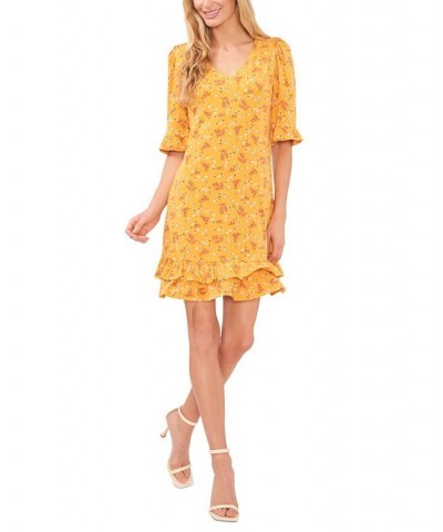 Women's Printed V-Neck Ruffle-Hem Knit Dress Yellow $33.60 Dresses