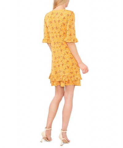 Women's Printed V-Neck Ruffle-Hem Knit Dress Yellow $33.60 Dresses